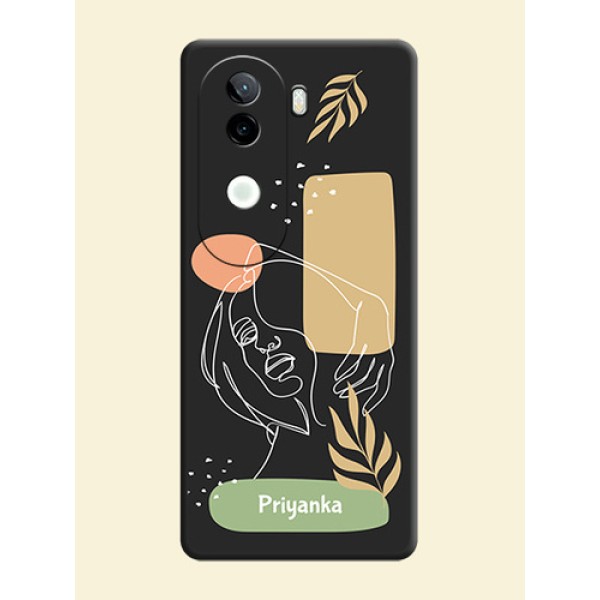 Custom Text With Line Art Of Women & Leaves Design On Space Black Custom Soft Matte Mobile Back Cover - iQOO Z9s 5G