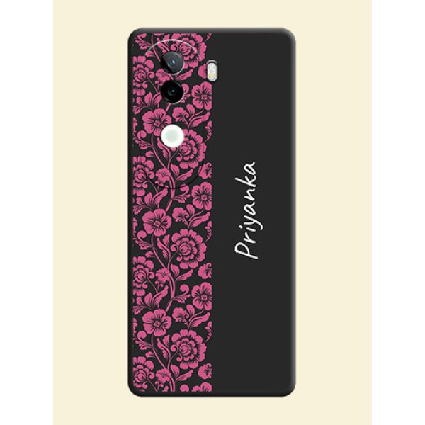 Pink Floral Pattern Design With Custom Text On Space Black Custom Soft Matte Mobile Back Cover - iQOO Z9s 5G Pink Floral Pattern Design With Custom Text On Space Black Custom Soft Matte Mobile Back Cover - iQOO Z9s 5G