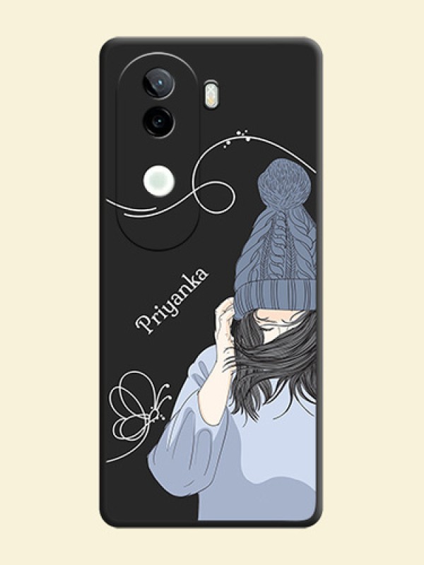 Girl With Blue Winter Outfiit Custom Text Design On Space Black Custom Soft Matte Mobile Back Cover - iQOO Z9s 5G