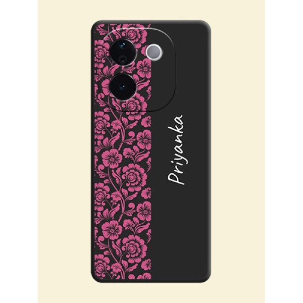 Pink Floral Pattern Design With Custom Text On Space Black Custom Soft Matte Mobile Back Cover - iQOO Z9s Pro 5G Pink Floral Pattern Design With Custom Text On Space Black Custom Soft Matte Mobile Back Cover - iQOO Z9s Pro 5G