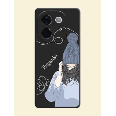 Girl With Blue Winter Outfiit Custom Text Design On Space Black Custom Soft Matte Mobile Back Cover - iQOO Z9s Pro 5G