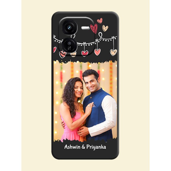 Pink Love Hangings with Name On Space Black Custom Soft Matte Mobile Back Cover - iQOO Z9X 5G Pink Love Hangings with Name On Space Black Custom Soft Matte Mobile Back Cover - iQOO Z9X 5G