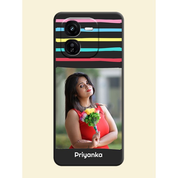 Multicolor Lines with Image On Space Black Custom Soft Matte Mobile Back Cover - iQOO Z9X 5G Multicolor Lines with Image On Space Black Custom Soft Matte Mobile Back Cover - iQOO Z9X 5G