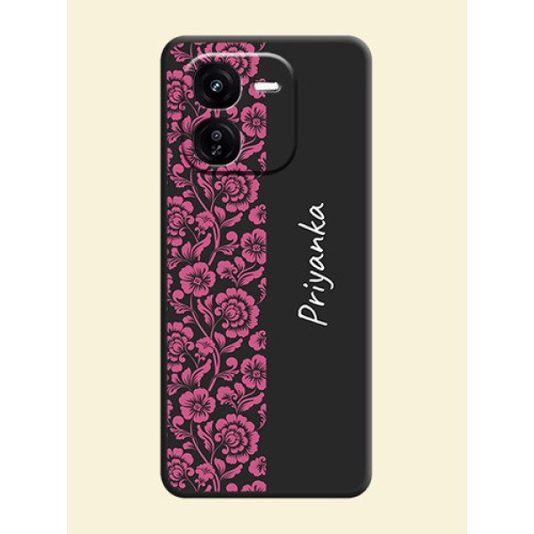 Pink Floral Pattern Design With Custom Text On Space Black Custom Soft Matte Mobile Back Cover - iQOO Z9X 5G Pink Floral Pattern Design With Custom Text On Space Black Custom Soft Matte Mobile Back Cover - iQOO Z9X 5G