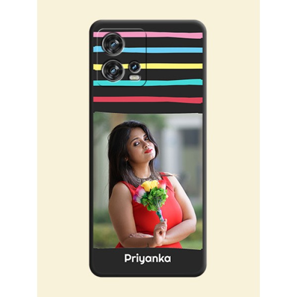 Multicolor Lines with Image on Space Black Personalized Soft Matte Phone Covers - Motorola Edge 30 Fusion Multicolor Lines with Image on Space Black Personalized Soft Matte Phone Covers - Motorola Edge 30 Fusion