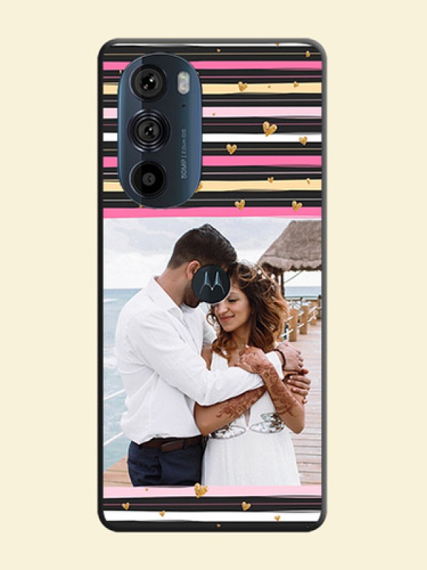 Multicolor Lines and Golden Love Symbols Design on Photo on Space Black Soft Matte Mobile Cover - Edge 30 Pro