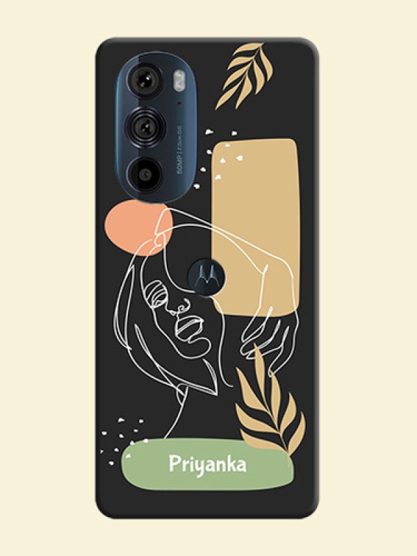Custom Text With Line Art Of Women & Leaves Design On Space Black Personalized Soft Matte Phone Covers -Motorola Edge 30 Pro