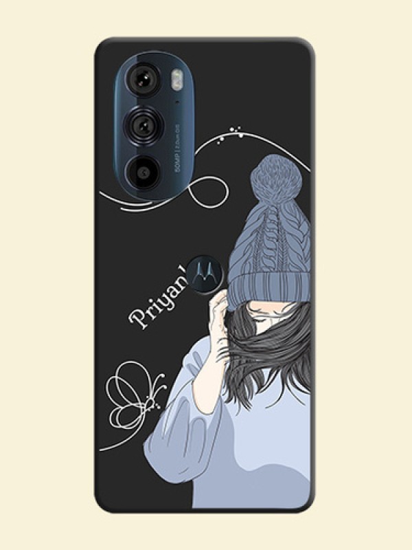 Girl With Blue Winter Outfiit Custom Text Design On Space Black Personalized Soft Matte Phone Covers -Motorola Edge 30 Pro