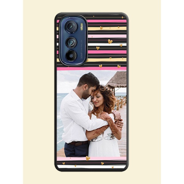 Multicolor Lines and Golden Love Symbols Design on Photo on Space Black Soft Matte Mobile Cover - Motorola Edge 30 Multicolor Lines and Golden Love Symbols Design on Photo on Space Black Soft Matte Mobile Cover - Motorola Edge 30