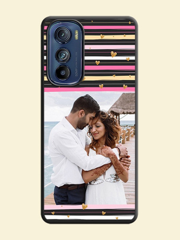 Multicolor Lines and Golden Love Symbols Design on Photo on Space Black Soft Matte Mobile Cover - Motorola Edge 30