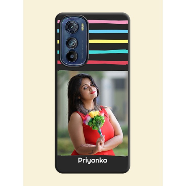 Multicolor Lines with Image on Space Black Personalized Soft Matte Phone Covers - Motorola Edge 30 Multicolor Lines with Image on Space Black Personalized Soft Matte Phone Covers - Motorola Edge 30