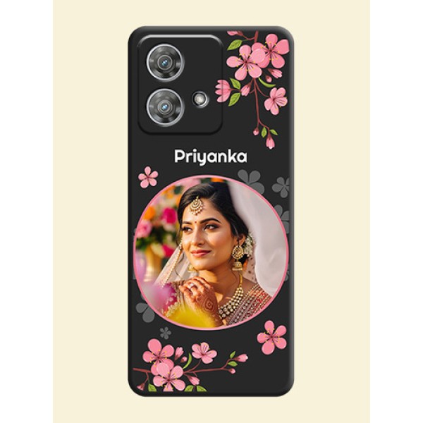Round Image with Pink Color Floral Design on Photo On Space Black Custom Soft Matte Mobile Back Cover - Motorola Edge 40 Neo