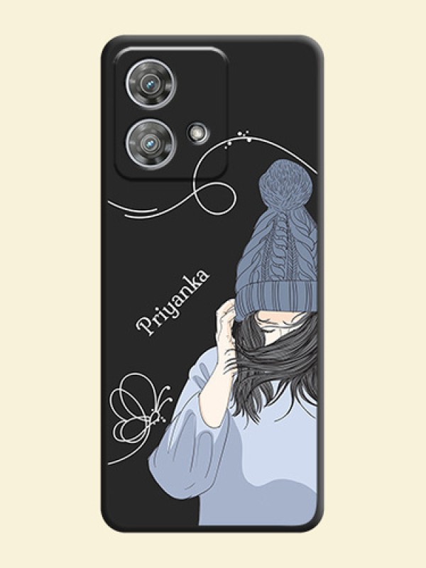 Girl With Blue Winter Outfiit Custom Text Design On Space Black Custom Soft Matte Mobile Back Cover - Motorola Edge 40 Neo