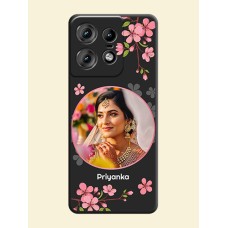 Round Image with Pink Color Floral Design on Photo On Space Black Custom Soft Matte Mobile Back Cover - Motorola Edge 50 Pro 5G