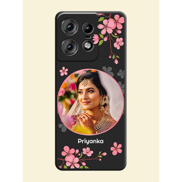 Round Image with Pink Color Floral Design on Photo On Space Black Custom Soft Matte Mobile Back Cover - Motorola Edge 50 Pro 5G Round Image with Pink Color Floral Design on Photo On Space Black Custom Soft Matte Mobile Back Cover - Motorola Edge 50 Pro 5G