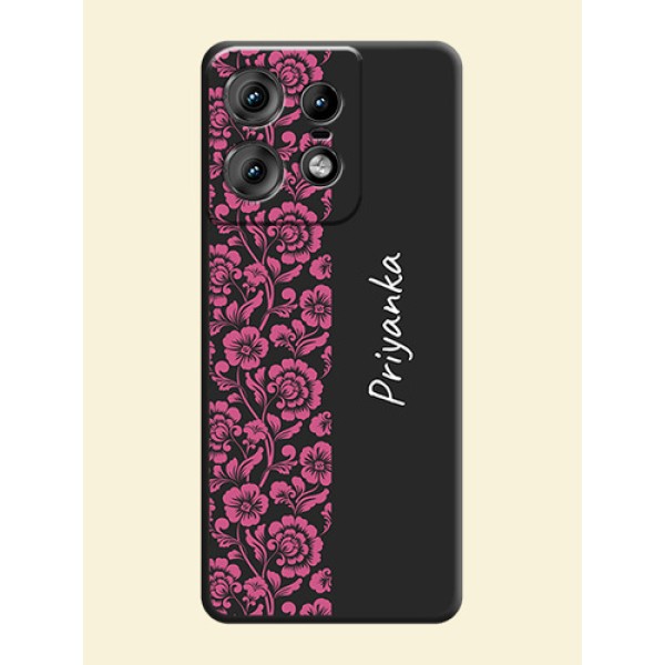 Pink Floral Pattern Design With Custom Text On Space Black Custom Soft Matte Mobile Back Cover - Motorola Edge 50 Pro 5G Pink Floral Pattern Design With Custom Text On Space Black Custom Soft Matte Mobile Back Cover - Motorola Edge 50 Pro 5G