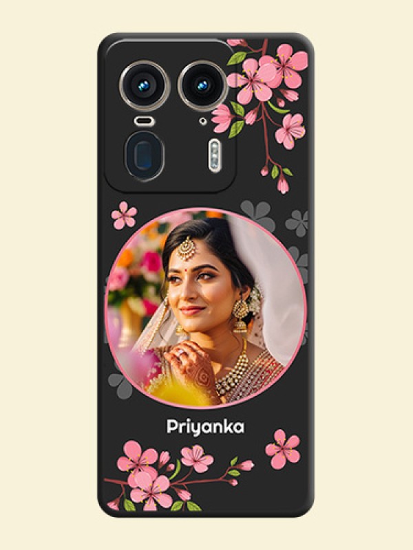 Round Image with Pink Color Floral Design on Photo On Space Black Custom Soft Matte Mobile Back Cover - Motorola Edge 50 Ultra 5G