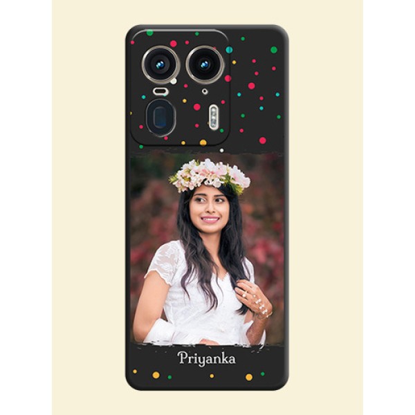 Multicolor Dotted Pattern with Text On Space Black Custom Soft Matte Mobile Back Cover - Motorola Edge 50 Ultra 5G Multicolor Dotted Pattern with Text On Space Black Custom Soft Matte Mobile Back Cover - Motorola Edge 50 Ultra 5G