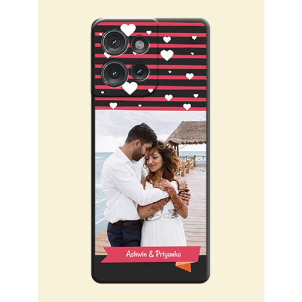 White Color Love Symbols with Pink Lines Pattern On Space Black Custom Soft Matte Mobile Back Cover - Motorola Edge 50