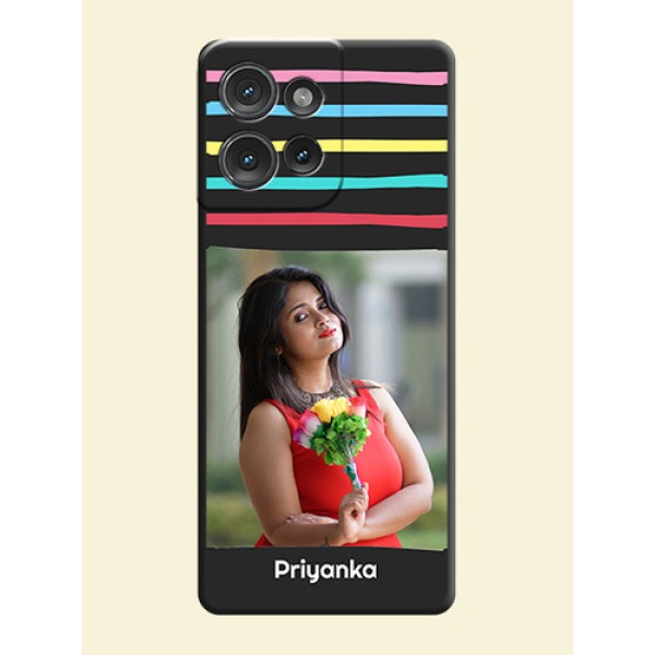 Multicolor Lines with Image On Space Black Custom Soft Matte Mobile Back Cover - Motorola Edge 50 Multicolor Lines with Image On Space Black Custom Soft Matte Mobile Back Cover - Motorola Edge 50