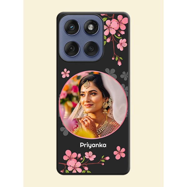 Round Image with Pink Color Floral Design on Photo On Space Black Custom Soft Matte Mobile Back Cover - Motorola Edge 60 Fusion