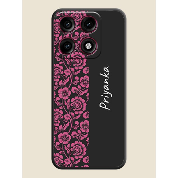 Pink Floral Pattern Design With Custom Text On Space Black Custom Soft Matte Mobile Back Cover - Motorola Edge 70 Pro Plus 5G