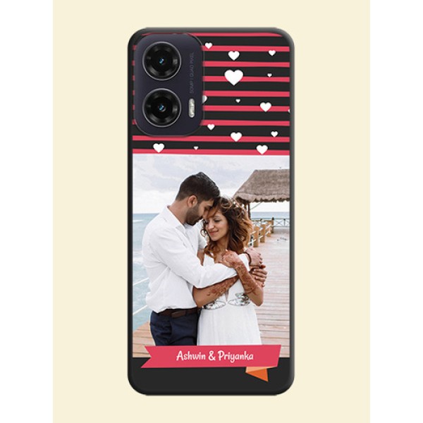 White Color Love Symbols with Pink Lines Pattern On Space Black Custom Soft Matte Mobile Back Cover - Motorola G35 5G