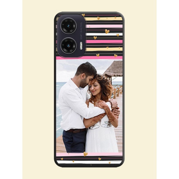 Multicolor Lines and Golden Love Symbols Design on Photo On Space Black Custom Soft Matte Mobile Back Cover - Motorola G35 5G