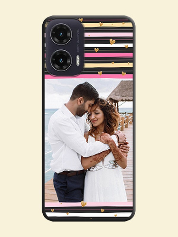 Multicolor Lines and Golden Love Symbols Design on Photo On Space Black Custom Soft Matte Mobile Back Cover - Motorola G35 5G