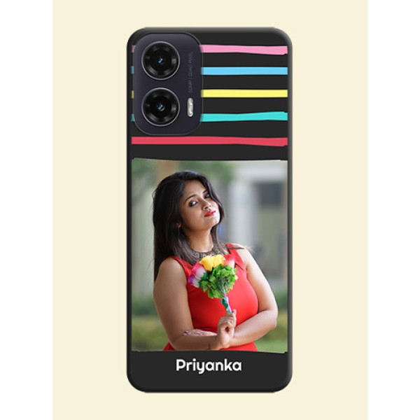 Multicolor Lines with Image On Space Black Custom Soft Matte Mobile Back Cover - Motorola G35 5G Multicolor Lines with Image On Space Black Custom Soft Matte Mobile Back Cover - Motorola G35 5G