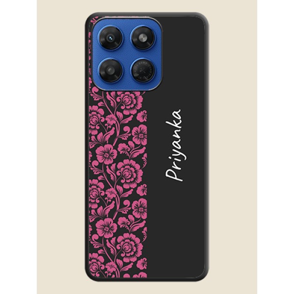 Pink Floral Pattern Design With Custom Text On Space Black Custom Soft Matte Mobile Back Cover - Motorola G37 5G Pink Floral Pattern Design With Custom Text On Space Black Custom Soft Matte Mobile Back Cover - Motorola G37 5G