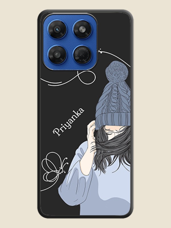 Girl With Blue Winter Outfiit Custom Text Design On Space Black Custom Soft Matte Mobile Back Cover - Motorola G37 5G