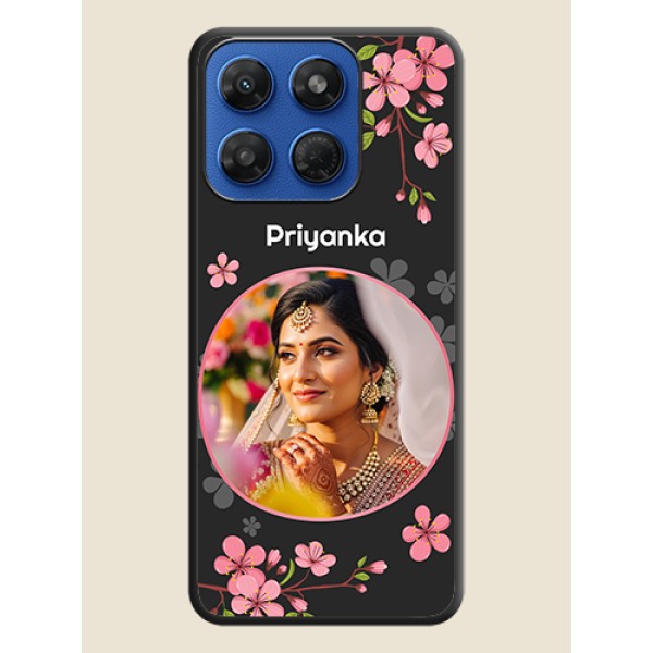 Round Image with Pink Color Floral Design on Photo On Space Black Custom Soft Matte Mobile Back Cover - Motorola G37 Power 5G Round Image with Pink Color Floral Design on Photo On Space Black Custom Soft Matte Mobile Back Cover - Motorola G37 Power 5G