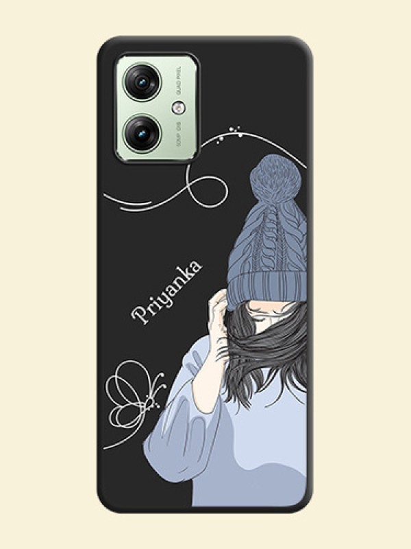Girl With Blue Winter Outfiit Custom Text Design On Space Black Custom Soft Matte Mobile Back Cover - Motorola G54 5G
