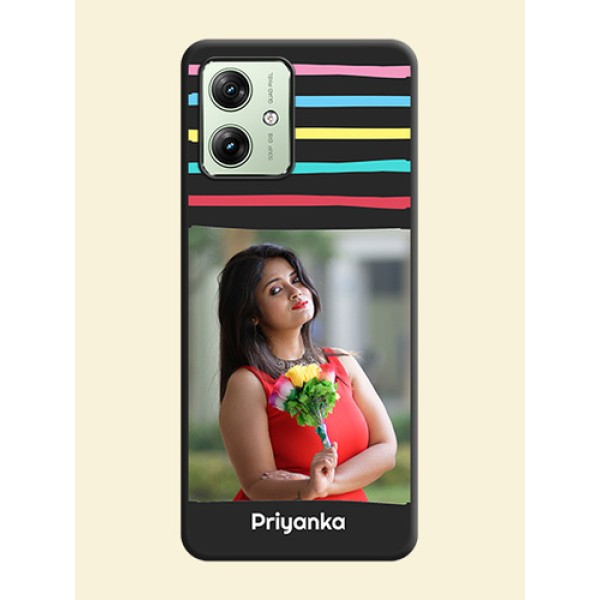Multicolor Lines with Image on Space Black Personalized Soft Matte Phone Covers - Motorola G64 5G Multicolor Lines with Image on Space Black Personalized Soft Matte Phone Covers - Motorola G64 5G