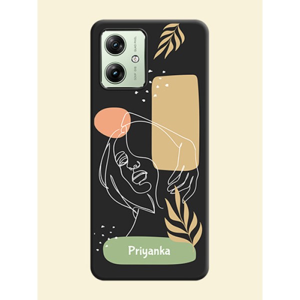 Custom Text With Line Art Of Women & Leaves Design On Space Black Personalized Soft Matte Phone Covers - Motorola G64 5G