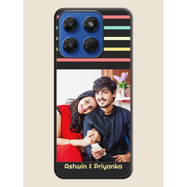 Color Stripes with Photo and Text on Photo On Space Black Custom Soft Matte Mobile Back Cover - Motorola G77 Power 5G Color Stripes with Photo and Text on Photo On Space Black Custom Soft Matte Mobile Back Cover - Motorola G77 Power 5G