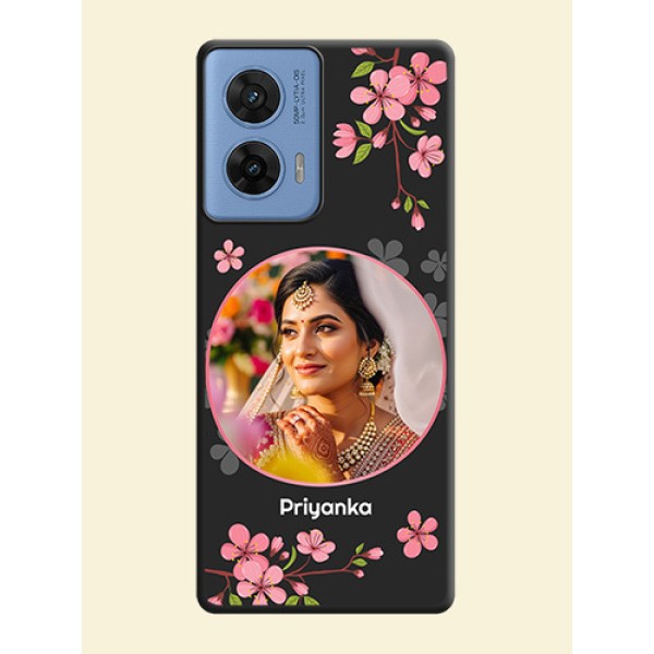 Round Image with Pink Color Floral Design on Photo On Space Black Custom Soft Matte Mobile Back Cover - Motorola G96 5G