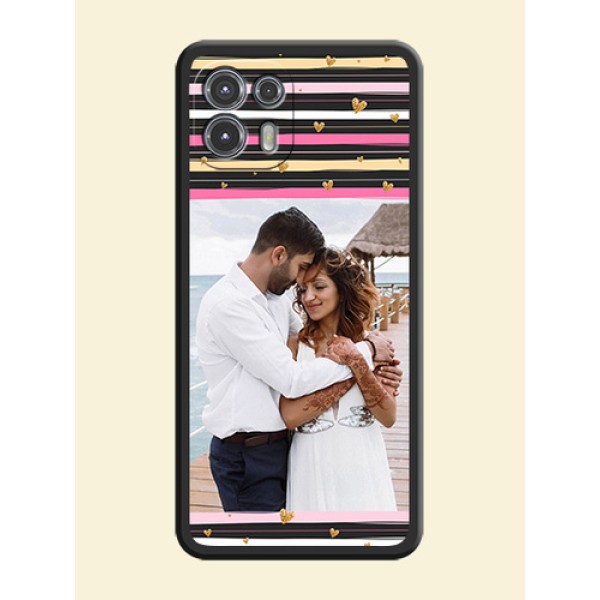 Multicolor Lines and Golden Love Symbols Design on Photo on Space Black Soft Matte Mobile Cover - Moto Edge 20 Fusion 5G Multicolor Lines and Golden Love Symbols Design on Photo on Space Black Soft Matte Mobile Cover - Moto Edge 20 Fusion 5G