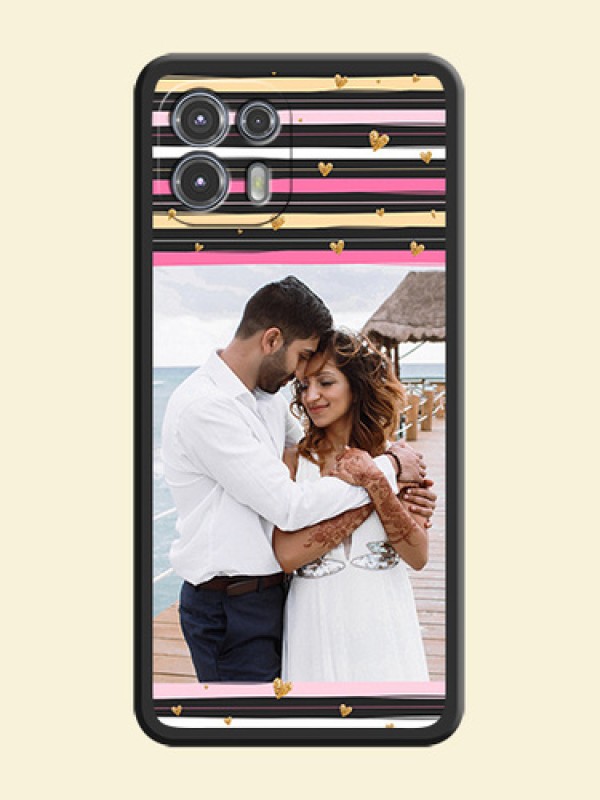 Multicolor Lines and Golden Love Symbols Design on Photo on Space Black Soft Matte Mobile Cover - Moto Edge 20 Fusion 5G