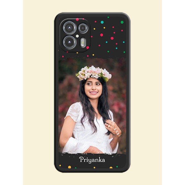 Multicolor Dotted Pattern with Text on Space Black Custom Soft Matte Phone Back Cover - Moto Edge 20 Fusion 5G Multicolor Dotted Pattern with Text on Space Black Custom Soft Matte Phone Back Cover - Moto Edge 20 Fusion 5G