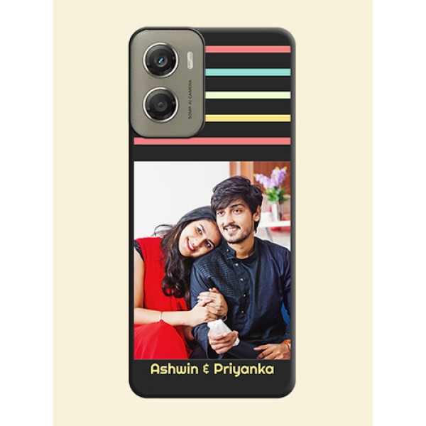 Color Stripes with Photo and Text on Photo On Space Black Custom Soft Matte Mobile Back Cover - Motorola Moto G06 Power Color Stripes with Photo and Text on Photo On Space Black Custom Soft Matte Mobile Back Cover - Motorola Moto G06 Power