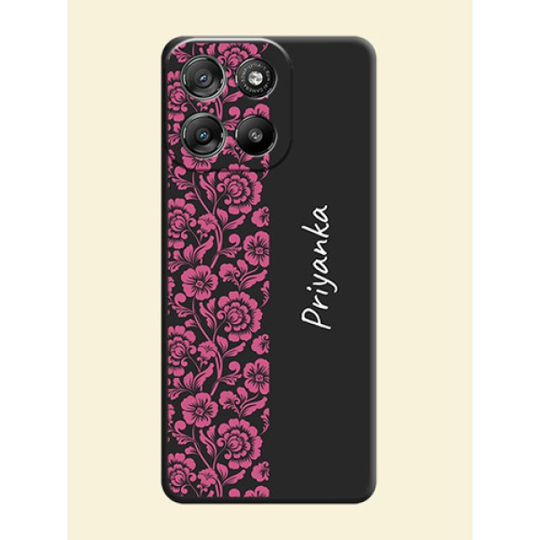 Pink Floral Pattern Design With Custom Text On Space Black Custom Soft Matte Mobile Back Cover - Motorola Moto G57 Power Pink Floral Pattern Design With Custom Text On Space Black Custom Soft Matte Mobile Back Cover - Motorola Moto G57 Power
