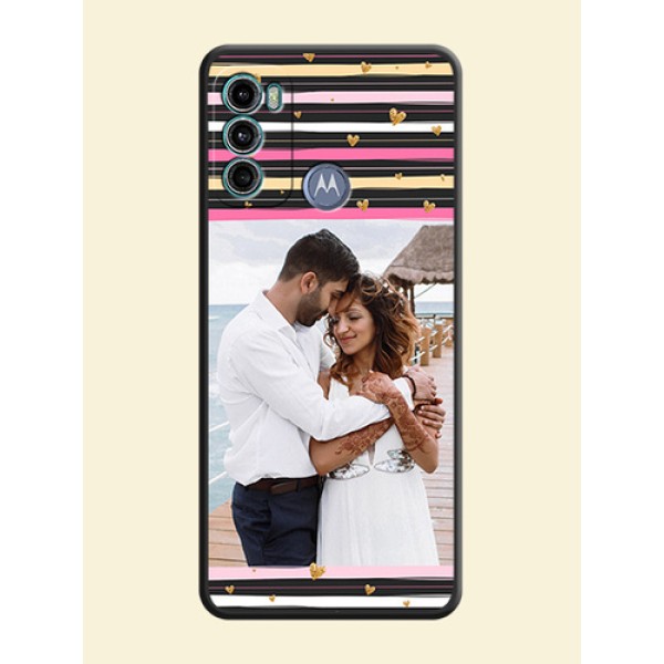 Multicolor Lines and Golden Love Symbols Design on Photo on Space Black Soft Matte Mobile Cover - Motorola Moto G60 Multicolor Lines and Golden Love Symbols Design on Photo on Space Black Soft Matte Mobile Cover - Motorola Moto G60