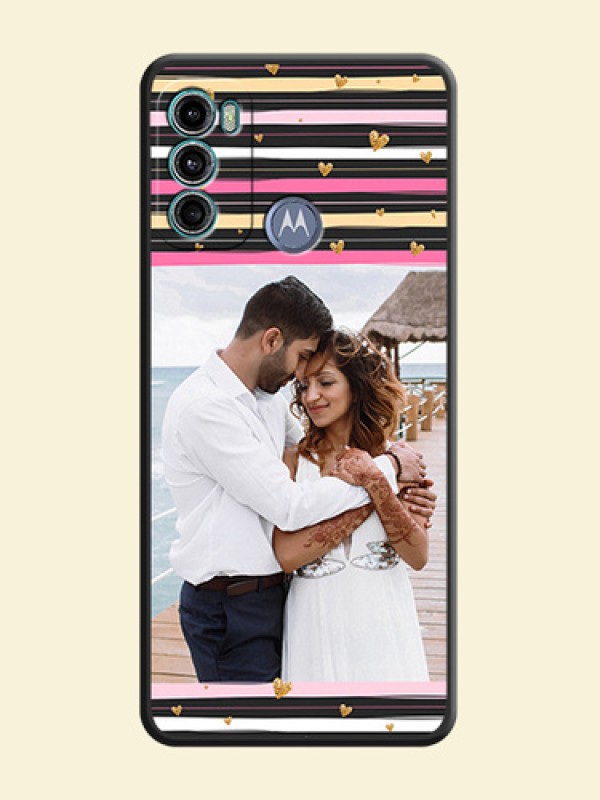 Multicolor Lines and Golden Love Symbols Design on Photo on Space Black Soft Matte Mobile Cover - Motorola Moto G60