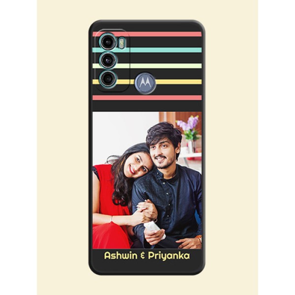Color Stripes with Photo and Text on Photo on Space Black Soft Matte Mobile Case - Motorola Moto G60 Color Stripes with Photo and Text on Photo on Space Black Soft Matte Mobile Case - Motorola Moto G60