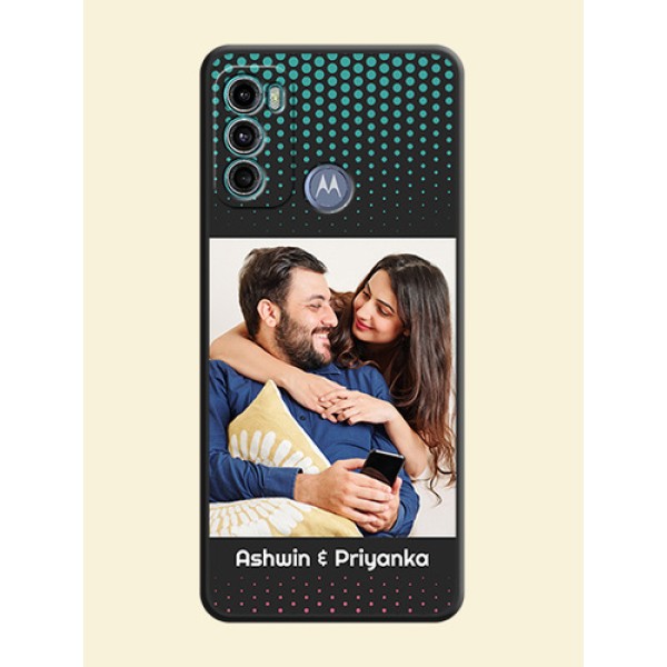 Faded Dots with Grunge Photo Frame and Text on Space Black Custom Soft Matte Phone Cases - Motorola Moto G60 Faded Dots with Grunge Photo Frame and Text on Space Black Custom Soft Matte Phone Cases - Motorola Moto G60