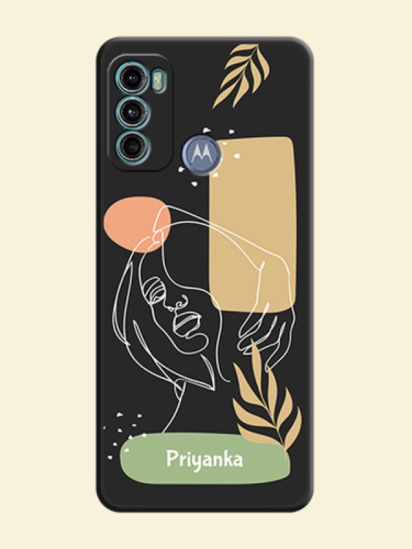 Custom Text With Line Art Of Women & Leaves Design On Space Black Personalized Soft Matte Phone Covers -Motorola Moto G60