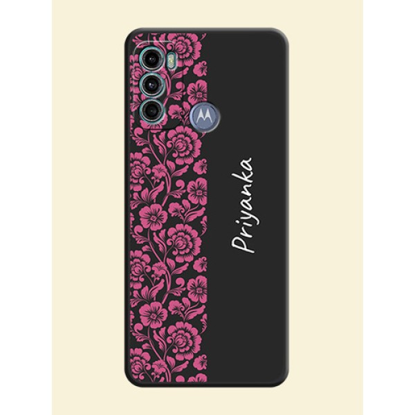Pink Floral Pattern Design With Custom Text On Space Black Personalized Soft Matte Phone Covers -Motorola Moto G60 Pink Floral Pattern Design With Custom Text On Space Black Personalized Soft Matte Phone Covers -Motorola Moto G60