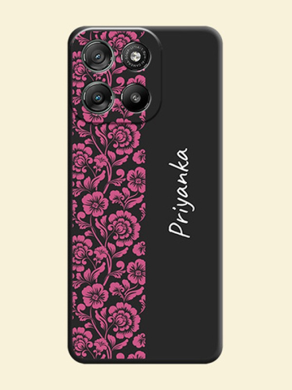 Pink Floral Pattern Design With Custom Text On Space Black Custom Soft Matte Mobile Back Cover - Motorola Moto G67 Power